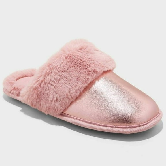 Pink Metallic Scuff Slippers Medium 7/8 Indoor-Outdoor Faux Fur Lined