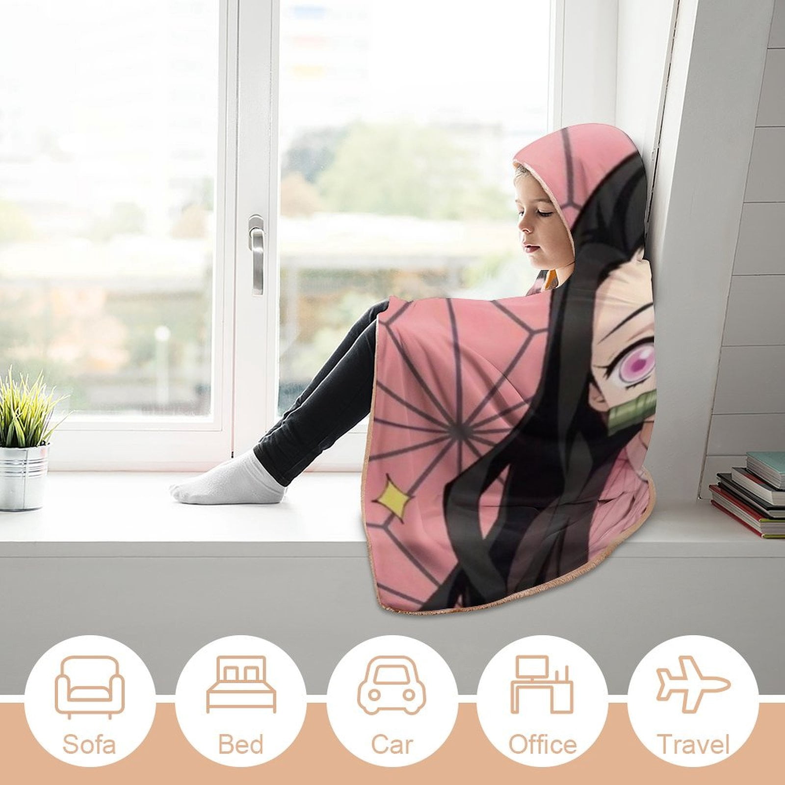 Kamado Nezuko Wearable Blanket Cloak Arctic Velvet Hooded Blanket Soft Fuzzy Hoodie Blanket Cape for Adults Kids 50"x60"