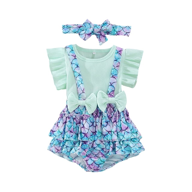 SUNSIOM Toddler Girl Summer Outfits Solid Color Rib Fly Sleeve T-Shirts Fish Scale Print Suspender Shorts Headband 3Pcs Clothes Set