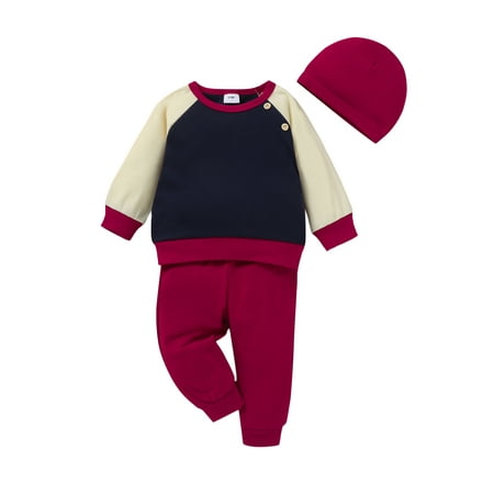

Calsunbaby 3Pcs Little Boys Girls Autumn Outfits Fashion Color Matching Long Sleeve Pullover Tops Solid Color Long Pants Caps Set
