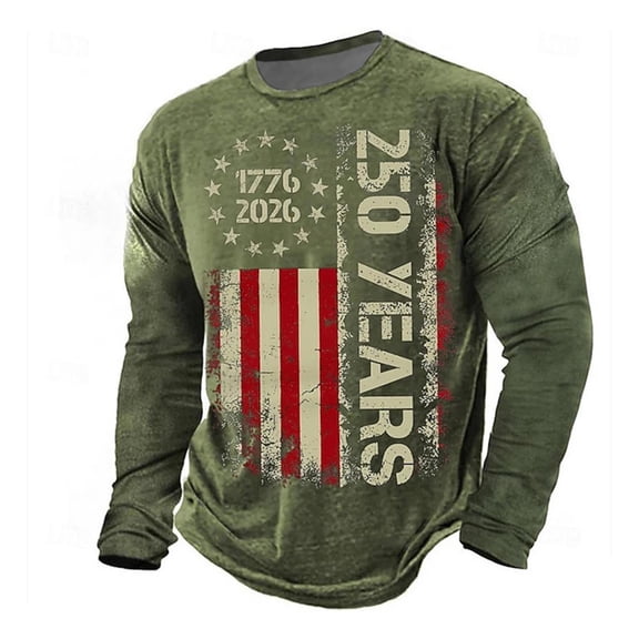CONZONE 250 Anniversary Usa T Shirt For Men Independence Day Patriotic Print Crew Neck Long Sleeve Breathable Soft Tops Army Green Size L