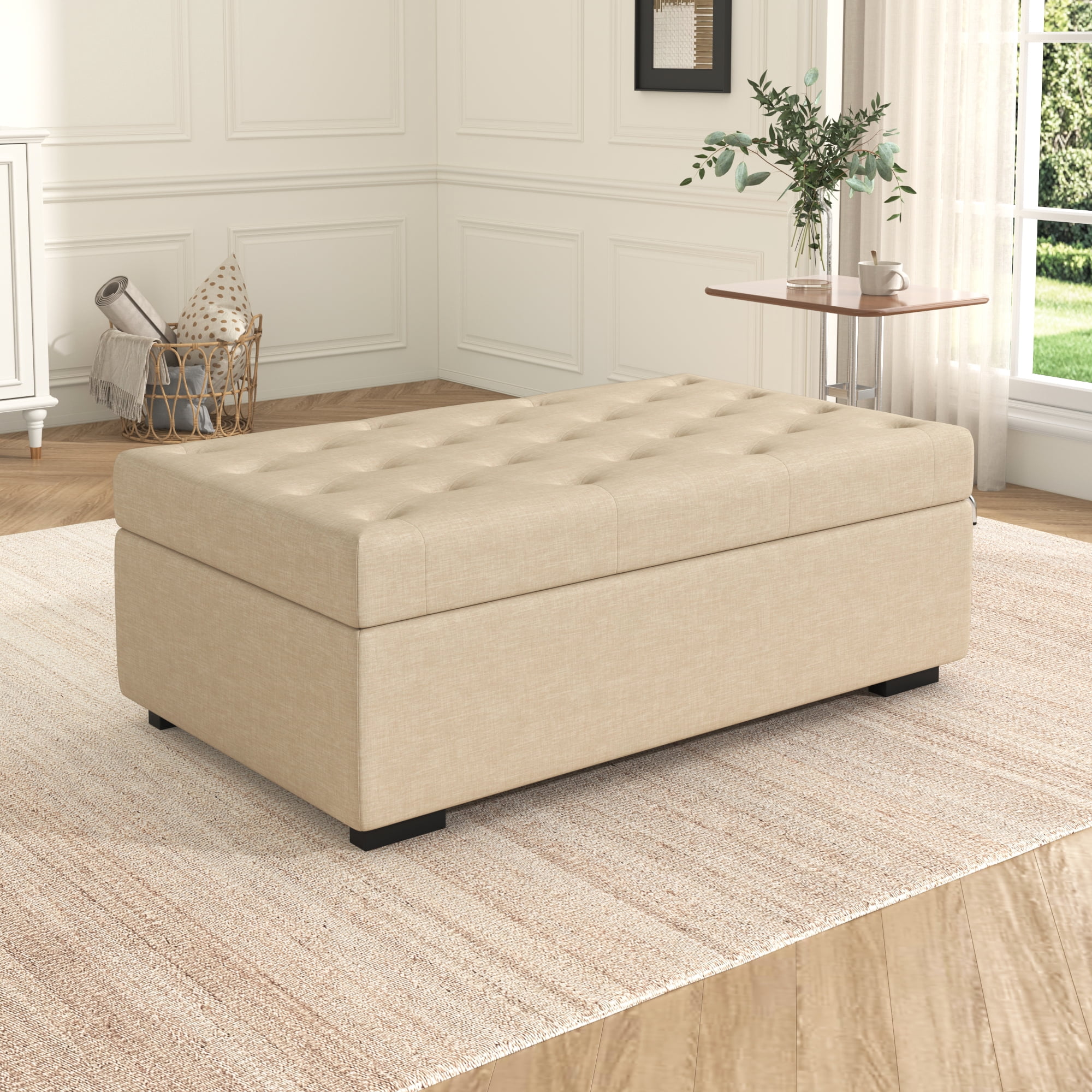 Euroco Convertible Ottoman Sleeper Bed with Memory Foam Mattress, Folding Twin Bed for Guests, Tufted Linen Upholstery, Iron Frame, Space-Saving Sofa Bed