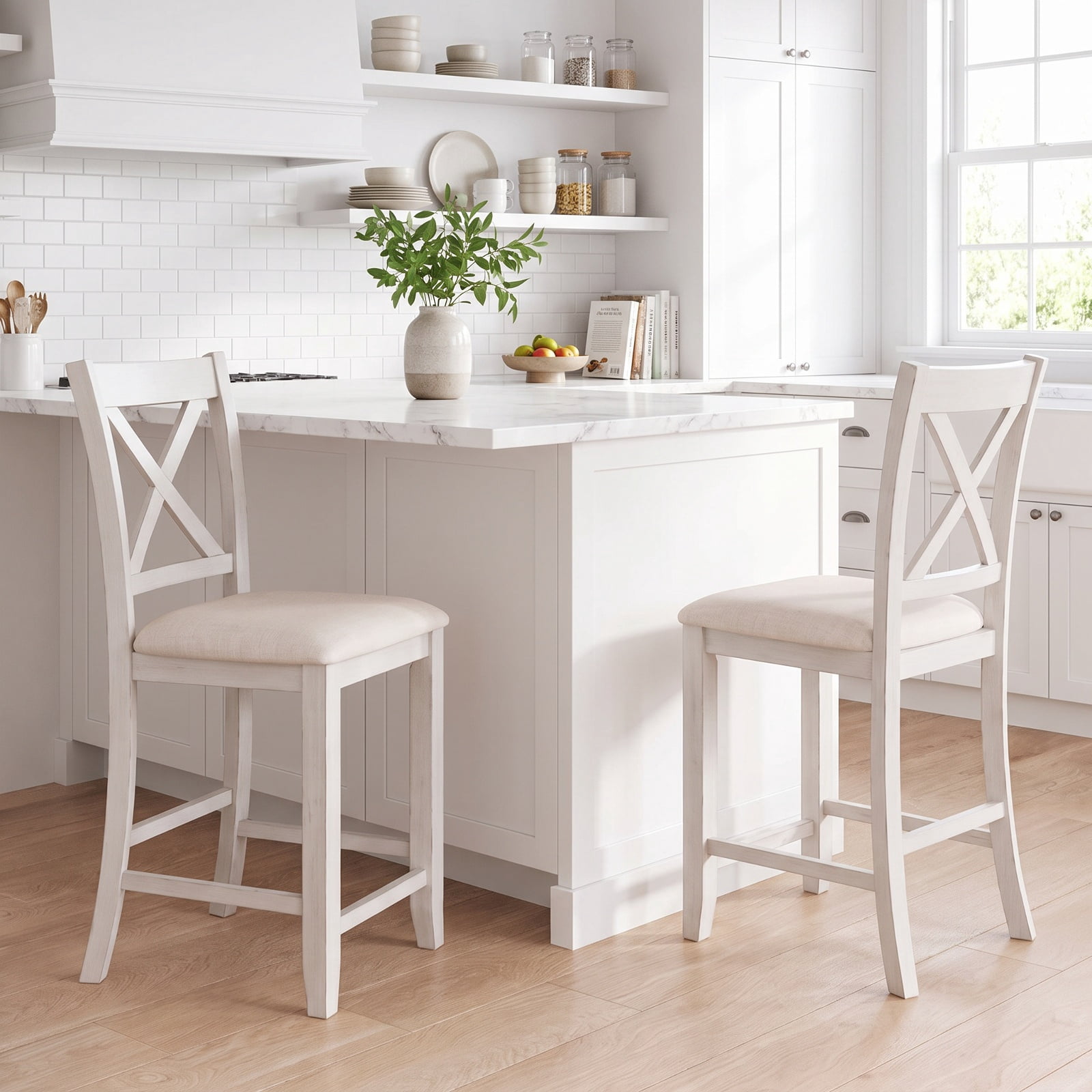 Furnibear Modern Farmhouse Counter Height Stools with Footrest and Cushion for Kitchen Island Counter Bar Pub Dining Home, White