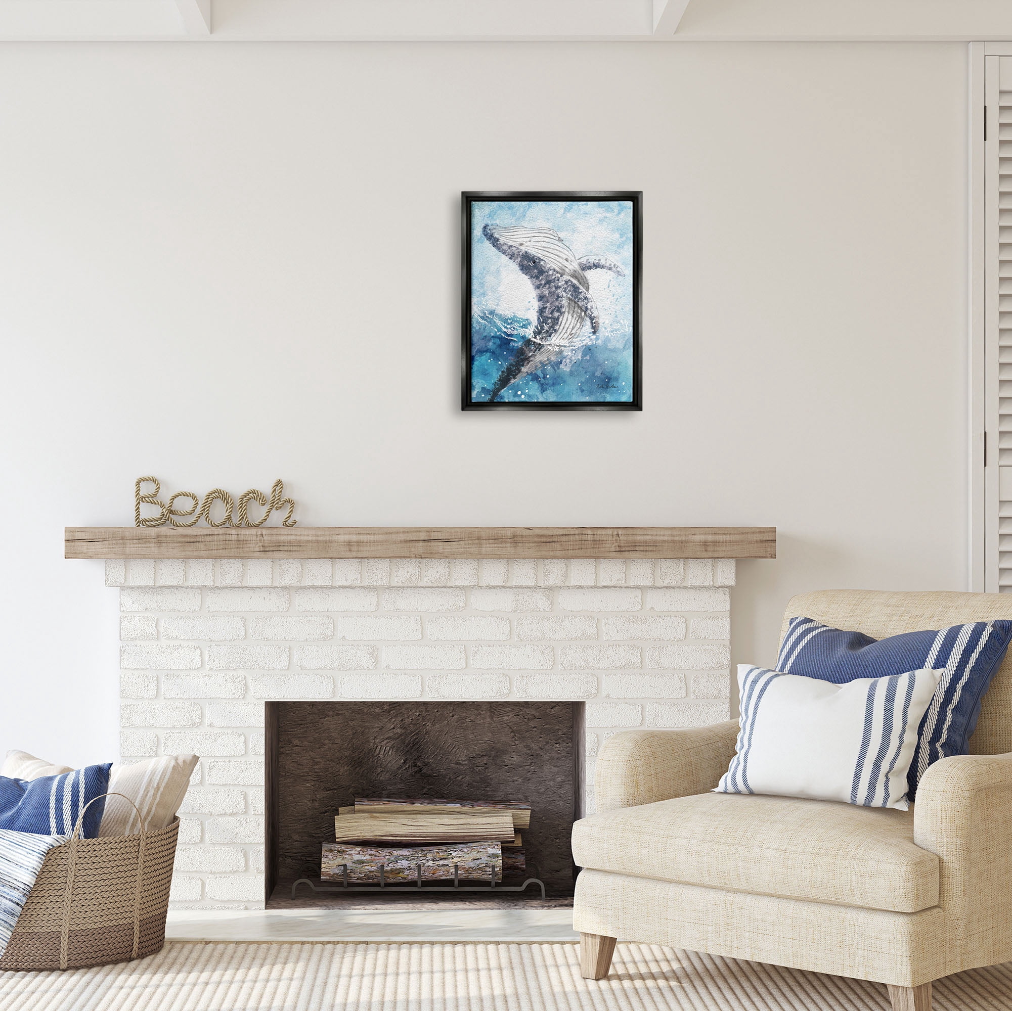 Stupell Industries Splashing Marine Whale Animals & Insects Painting Black Floater Framed Art Print Wall Art, 17 x 21