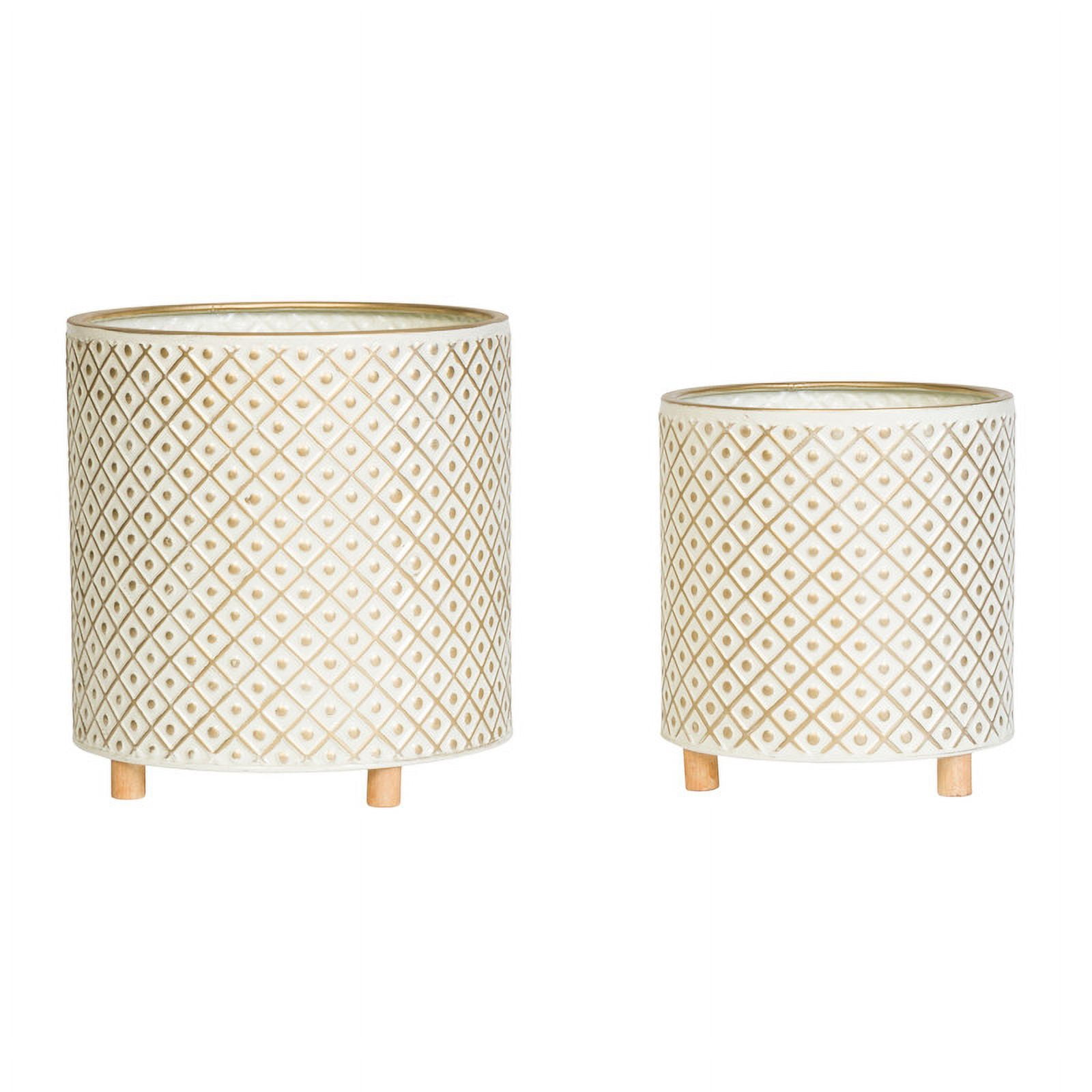2-Piece Fluted Metal Planter Pot With Peg Base - White & Gold - 10.75"H x 10.25"W / 8.75"H x 8"W