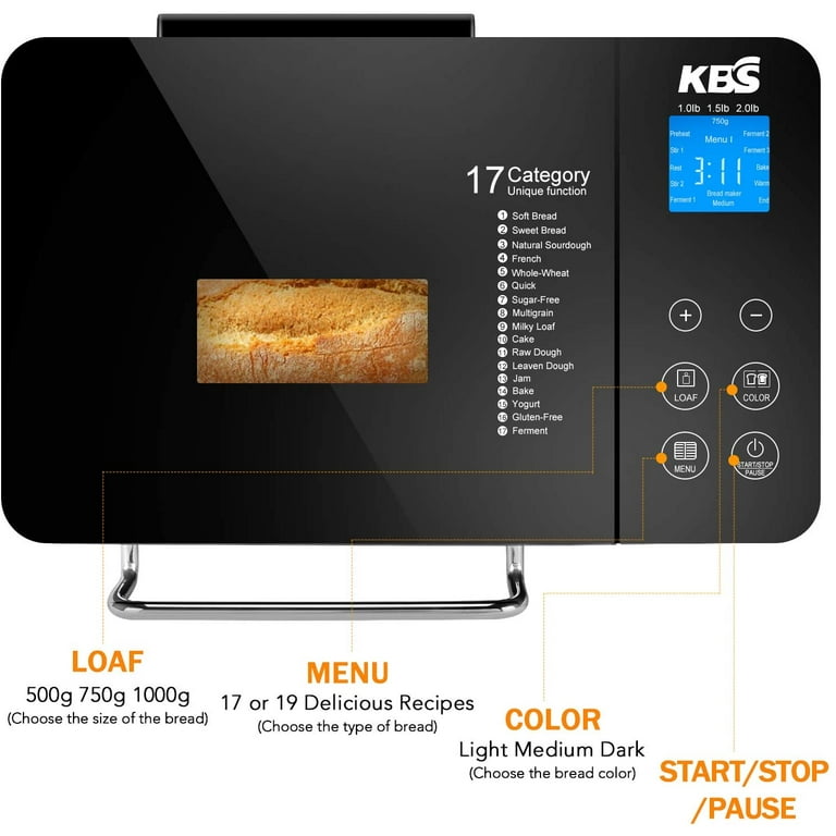 KBS Pro Stainless Steel Bread Machine, 2LB 17-in-1 Programmable XL Bread  Maker with Fruit Nut Dispenser, Nonstick Ceramic Pan& Digital Touch Panel,  3