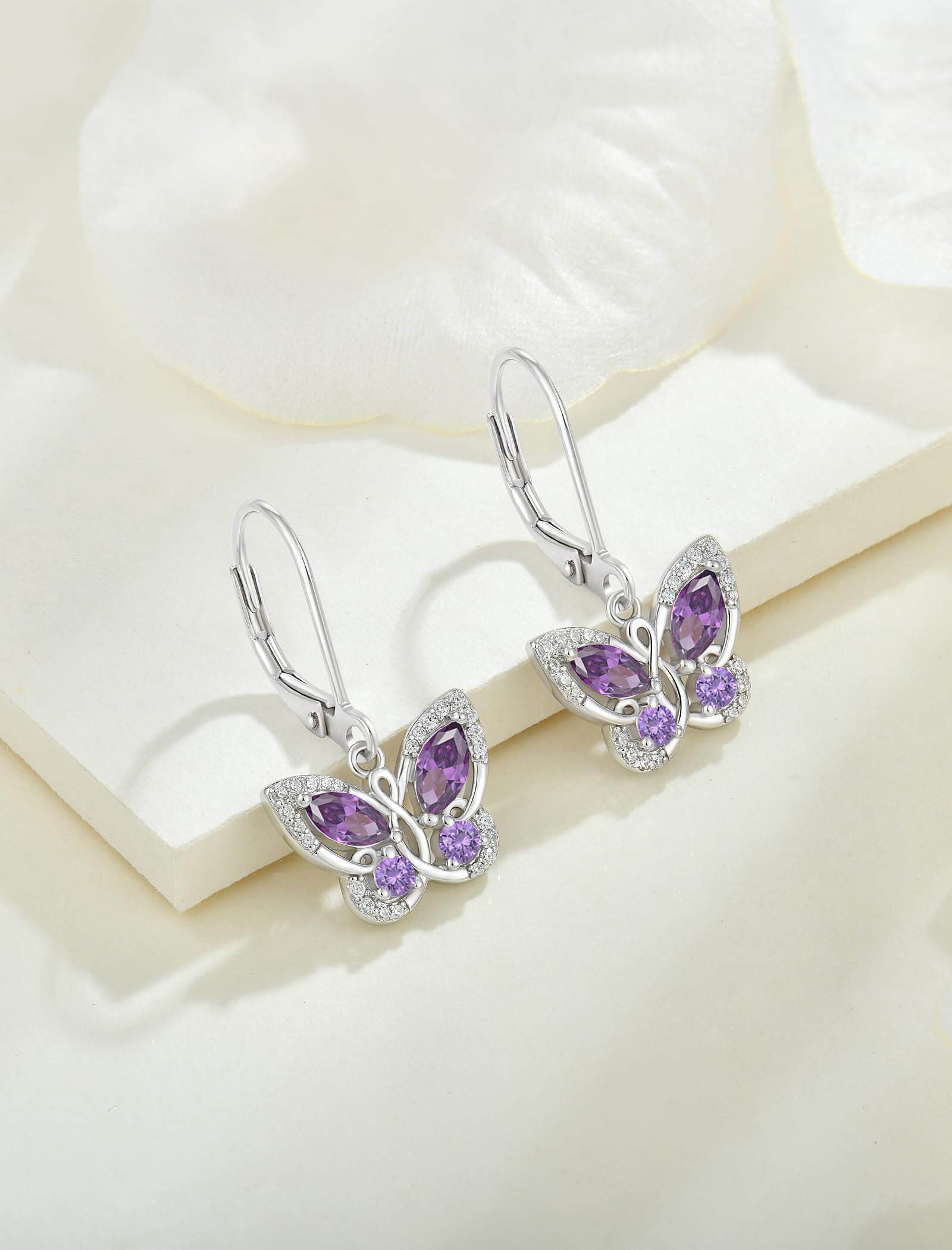 Starchenie Butterfly Earrings for Women 925 Sterling Silver Leverback Earrings Birthstone February Amethyst Butterfly Jewelry Gifts