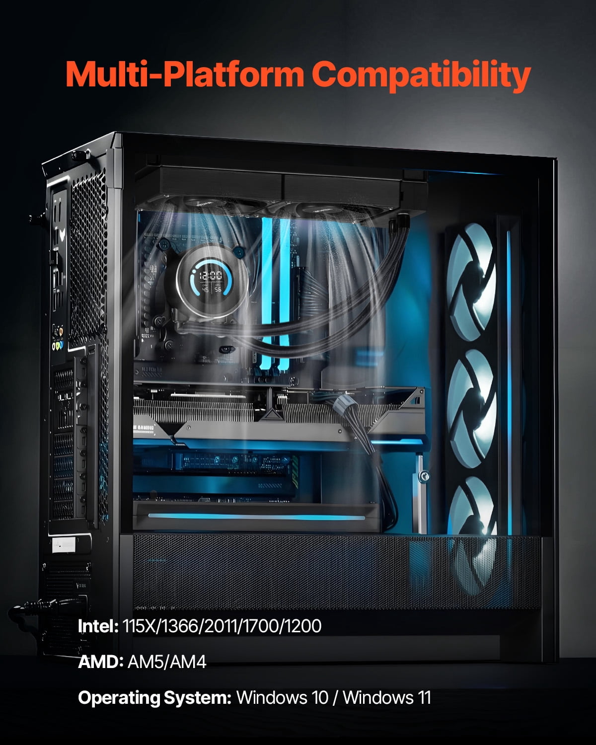 VEVOR CPU Liquid Cooler, AIO CPU Water Cooler - 120mm PWN Fans, Pump, 1.8'' Display, Max. 2200RPM CPU Cooling Fan, Efficient Black PC Water Cooler for Intel 115X/1366/2011/1700/1200, AMD AM4/AM5