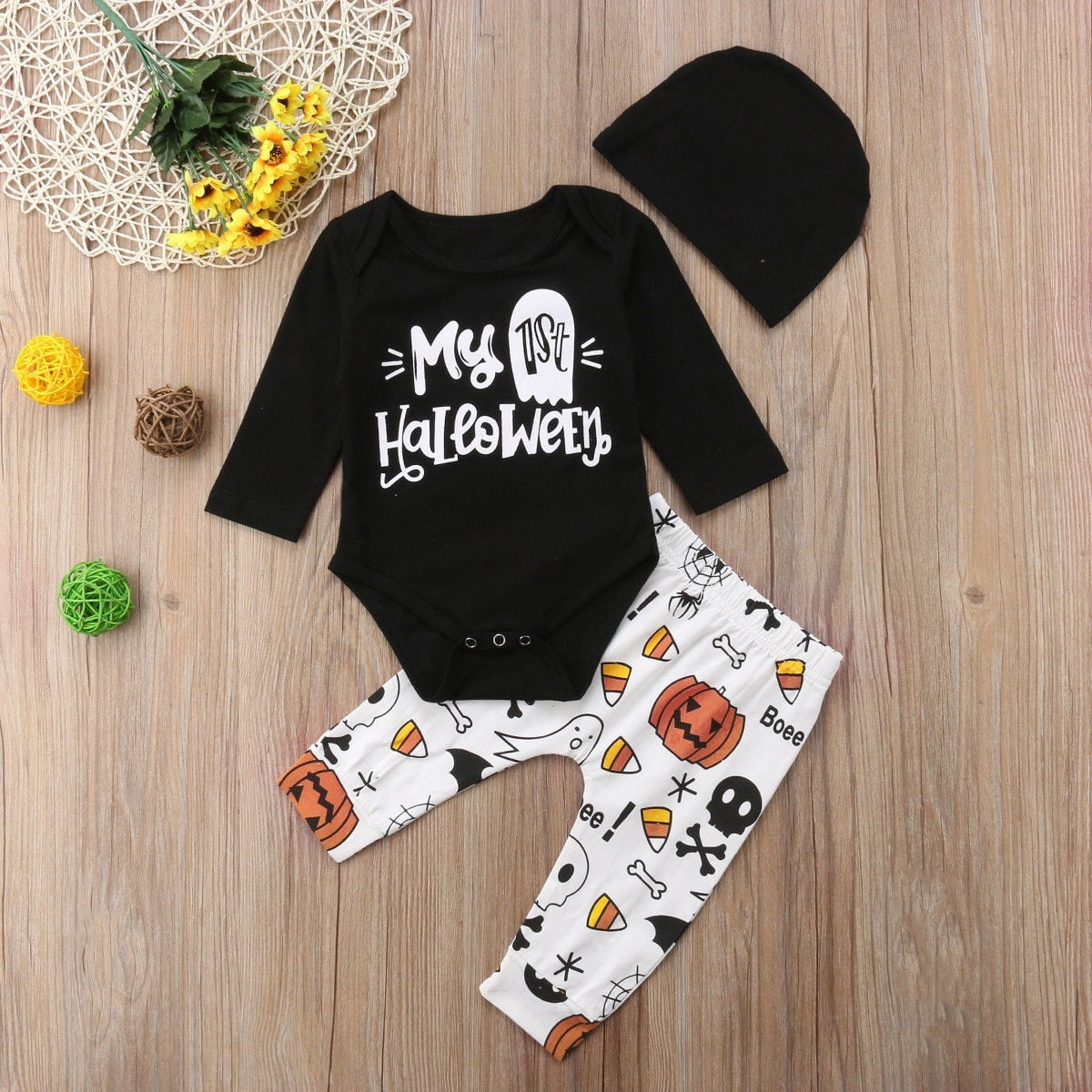 3PCS Newborn Infant Baby Girls Halloween Outfits Set Pumpkin Long Sleeve Bodysuit Romper+Leg Warmers/Pants+Hat/Headband 