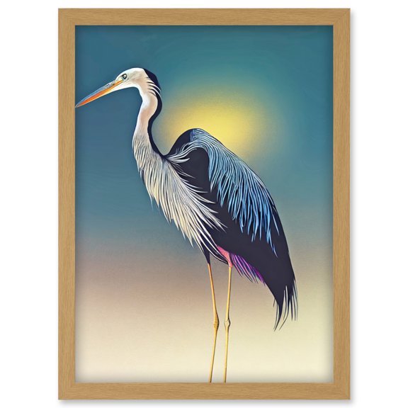 Heron Sunrise Bird Illustration Artwork Framed Wall Art Print A4