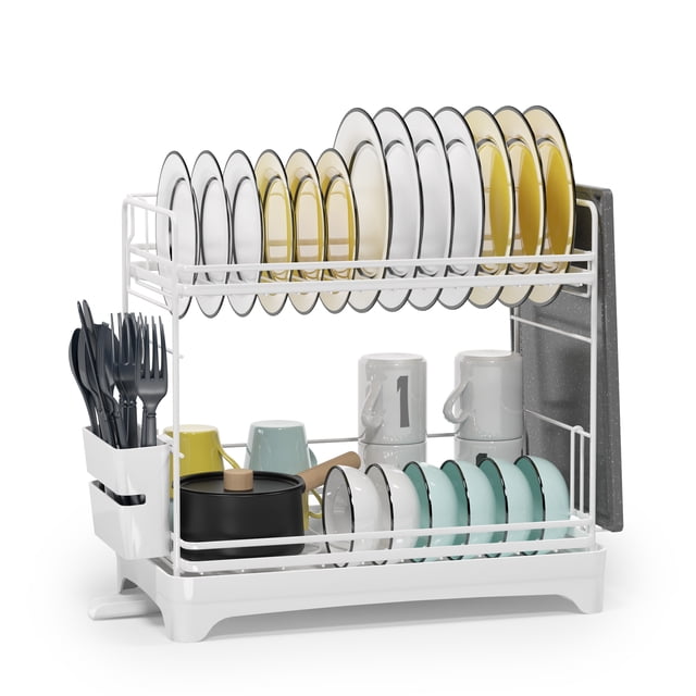 Dish Drying Rack, 2-Tier Dish Drying Rack with Water Tray, Utensil Holder, Cutting Board Holder for Small Space Kitchen Counter or Sink Side