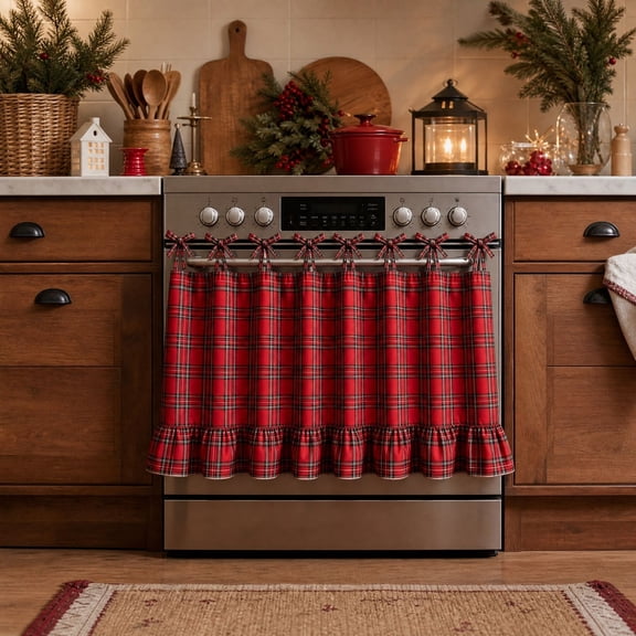 Christmas Oven Door Curtain, Red Tartan Plaid Oven Skirt With Bow Ties Ruffle Festive Kitchen Oven Cover Xmas Holiday Kitchen Decor For Oven Handle