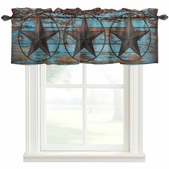 Texas Star Brown Rod Pocket Curtain Valance, Vintage Farm Barn Blue Wooden Texture Farmhouse Window Valance for Living Room, Bedroom, Kitchen 60"W x 18"L