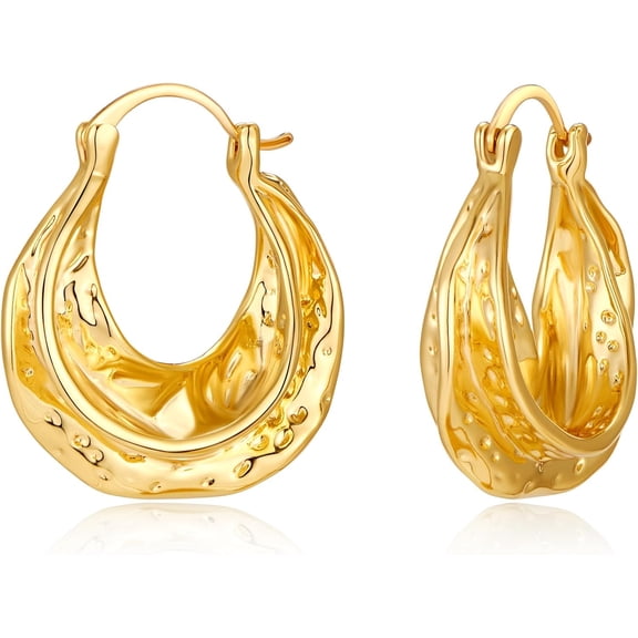 Faty-T Chunky Hoop Earrings for Women 14K Gold Plated Hammered Texture Thick Wide Hoops Hypoallergenic Statement Jewelry Gifts