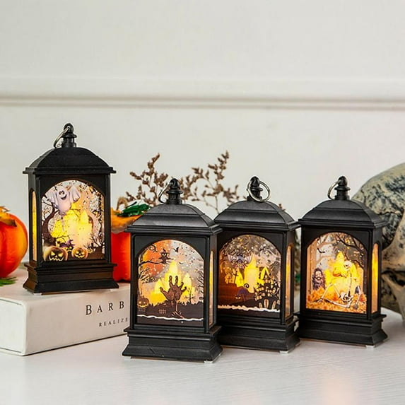 Halloween Portable Lanterns Orange Candle LED Halloween Lamp Lights, Spooky Skeleton Owl Bat Castle Flame Lights Hanging Lanterns Night Light