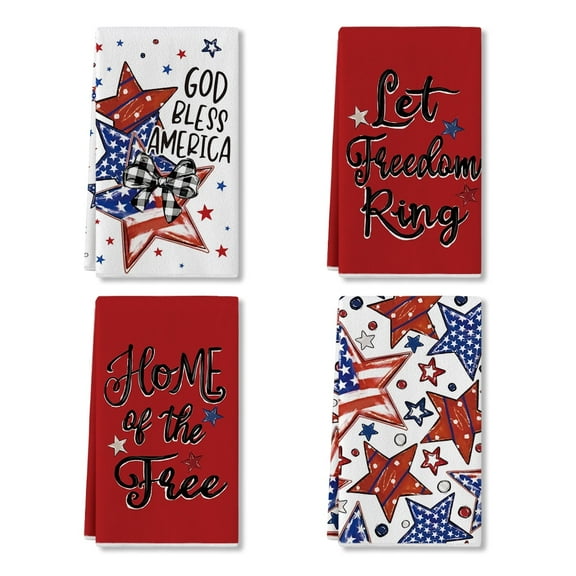 Sm:)e Star God Bless America Let Freedom Ring 4th of July Kitchen Dish Towels Set of 4 18x26 Inch, Red, Soft & Absorbent Patriotic Independence Day Washcloth