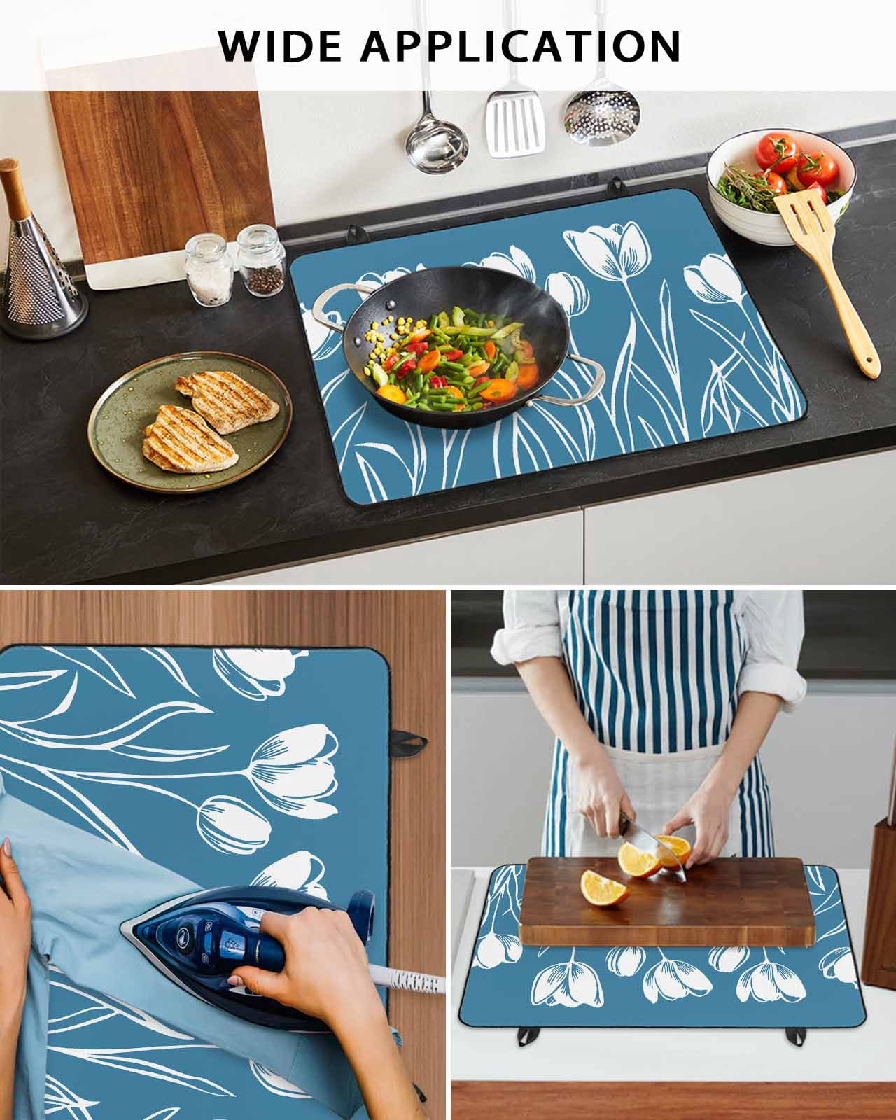 nqOlkjepod Large Induction Cooktop Protector Mat 24"x21", Blue Floral Stove Top Covers for Electric Stove, Country Plant Leaf Botanical Tulip Flower Stove Burner Cover Mats, Glass Top Stove Cover