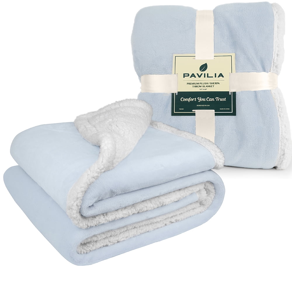PAVILIA Plush Sherpa Fleece Throw Blanket Light Blue | Soft, Warm, Fuzzy Baby Blue Throw for Couch Sofa | Solid Reversible Cozy Microfiber Fluffy Blanket, 50x60