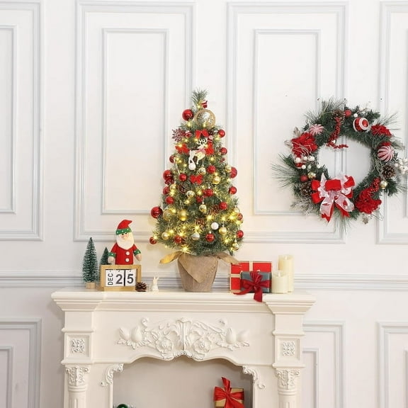 FOLDLIFE 3 Ft Christmas Tree, Small Christmas Tree, Table Top Xmas Tree Decoration with Warm White Lights, Green, Pine Cones, Red Berries, Burlap Potted Artificial Christmas Tree for Desktop