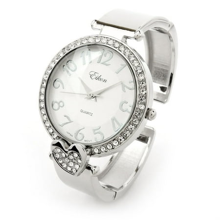 Crystal Heart Watch - Women's Silver Crystal Bangle Cuff Watch with Heart Shape Charm