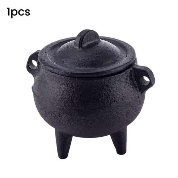 Black Cast Iron Mini Cauldron Incense Burner with Lid, 2.76"×2.64", Tripod Base Smudge Pot for Meditation, Ritual & Halloween Home Decor