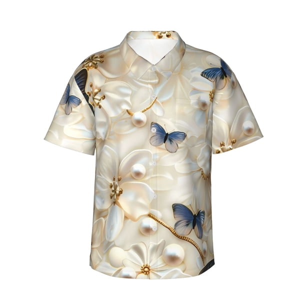 Balery Elegant Butterflies And Pearls Camisas hawaianas de manga corta para hombre, camisas playeras de corte holgado, camisas de vacaciones con botones,X-Large