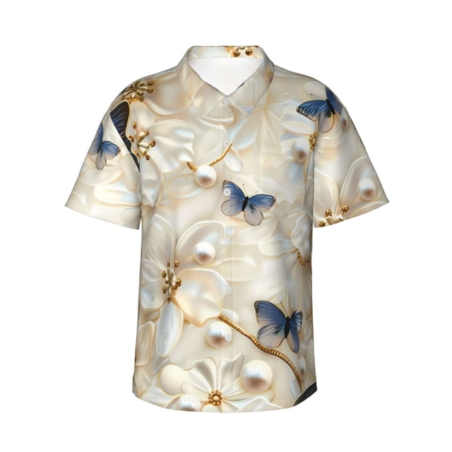 Balery Elegant Butterflies And Pearls Camisas hawaianas de manga corta para hombre, camisas playeras de corte holgado, camisas de vacaciones con botones,Medium