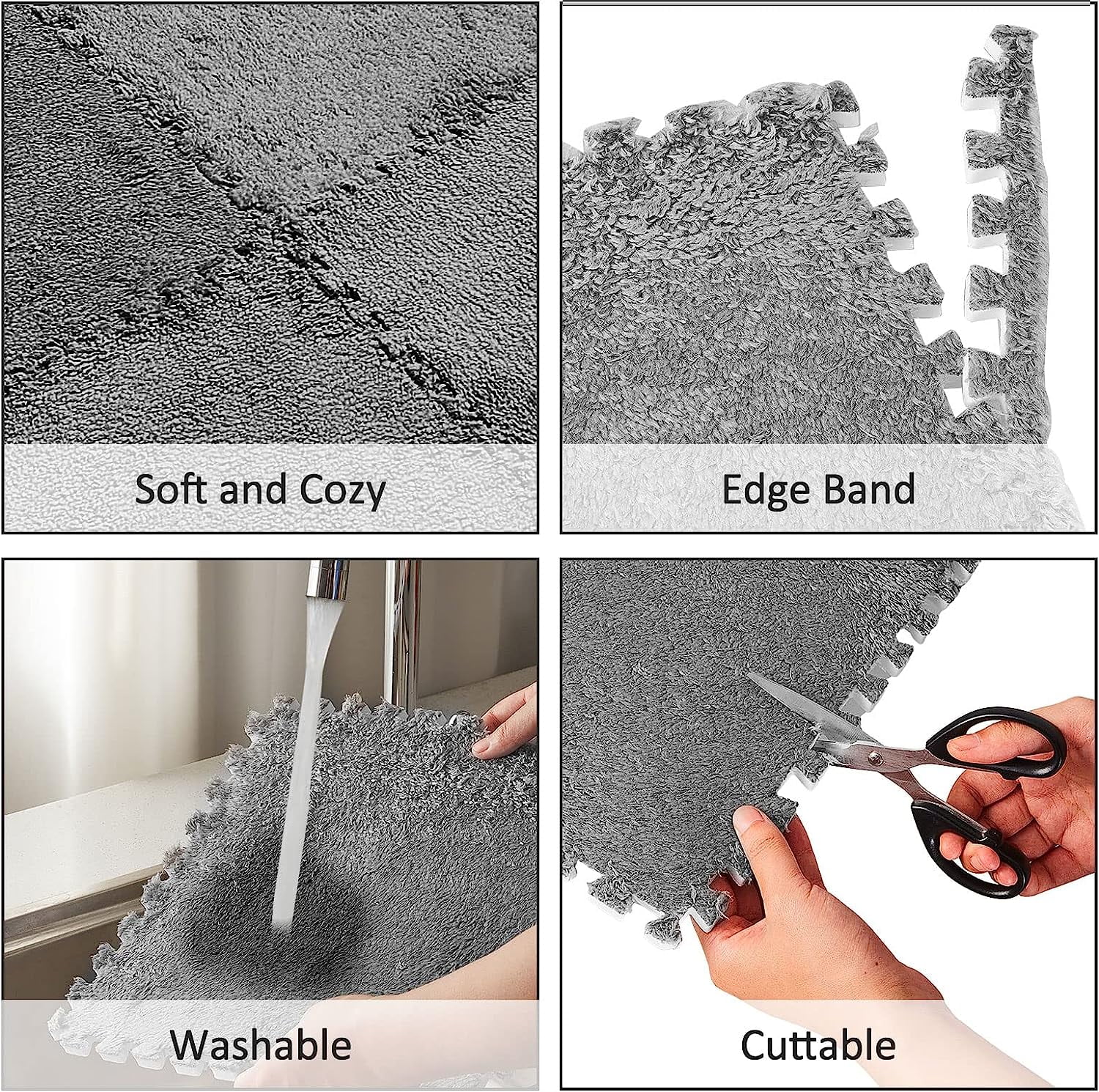 32 Pcs Plush Foam Interlocking Floor Mat Climbing Area Rugs 11.8 x 11.8 Inch Square Soft Fluffy Tiles with Border Play Mat Flooring Tiles for Home Playroom Decoration (White, Gray)