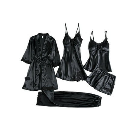 

Cindysus Women Nightgowns Kimono Robe Satin Bathrobe Night Pajama Set Lounge Pjs Black 3XL