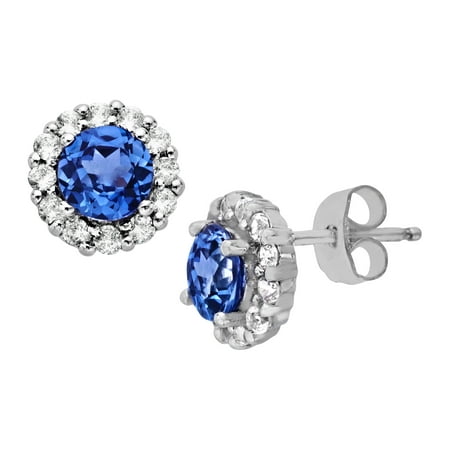 1 3/4 ct Created Ceylon and Created White Sapphire Stud Earrings in 10kt White Gold
