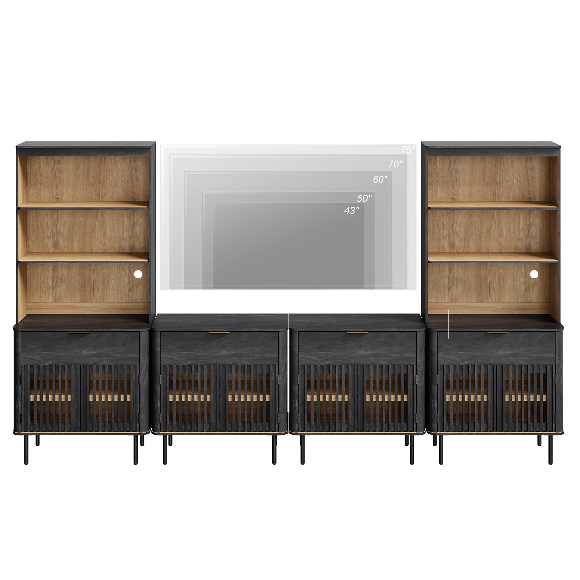 126" W Media Center with Bookcases – TV Stand for TVs Up to 75",Black