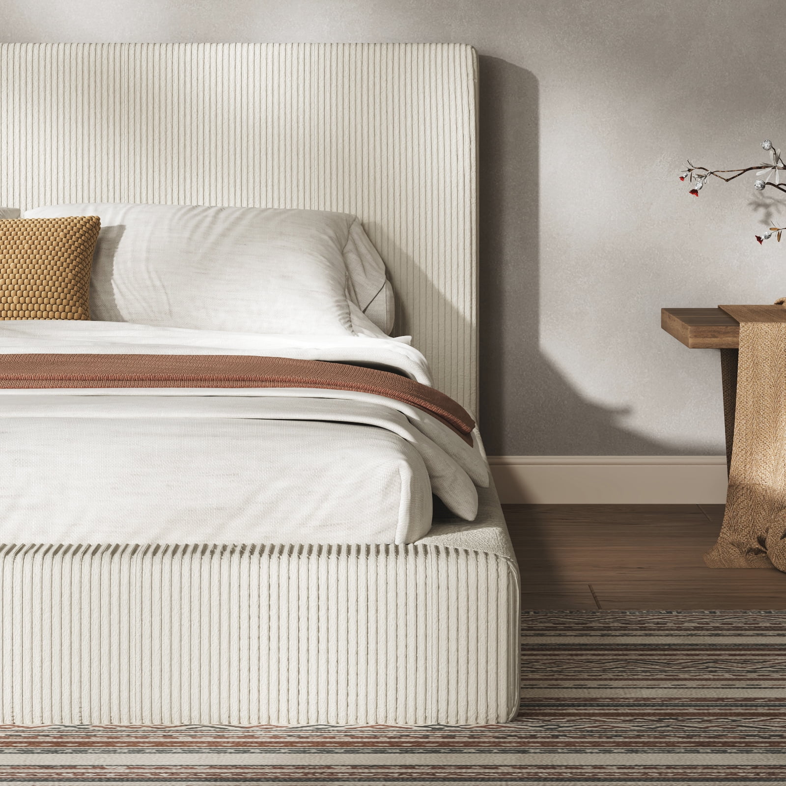 Garitin Bed Surround and King Size Upholstered Bed Frame, Corduroy Cushioned Bed Surround with High Density Sponge for Bedroom, Cream