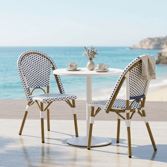 Noble House Outdoor French Bistro Chairs Set of 2,PE Rattan & Aluminum Frame,Rusted Blue+White