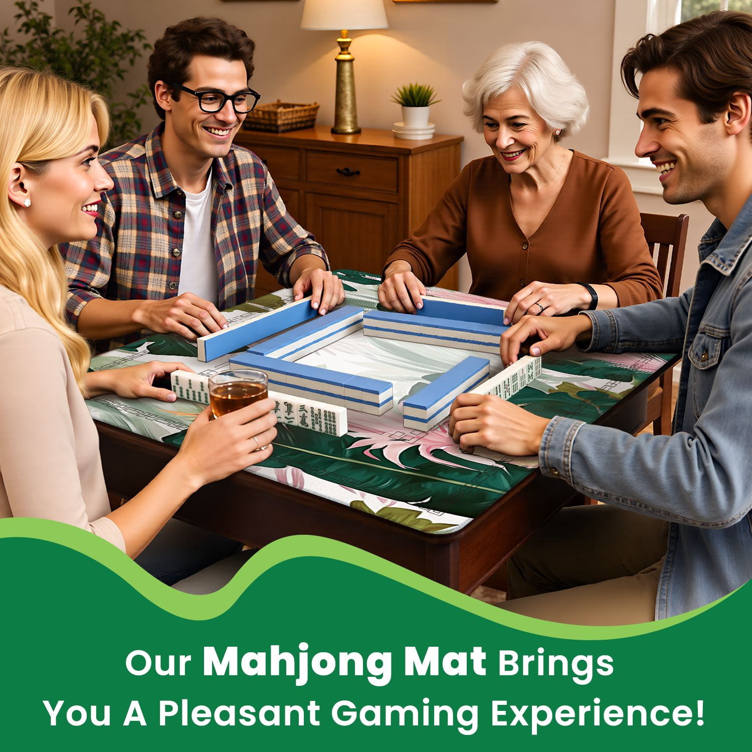 Mahjong Mat 31.5" x 31.5" Floral seamless green banana leaves pink Bromeliaceae plant Non-Slip Noise Reduction American Mahjong Tiles Table Cover for Dominoes Poker Card Board Games Gift