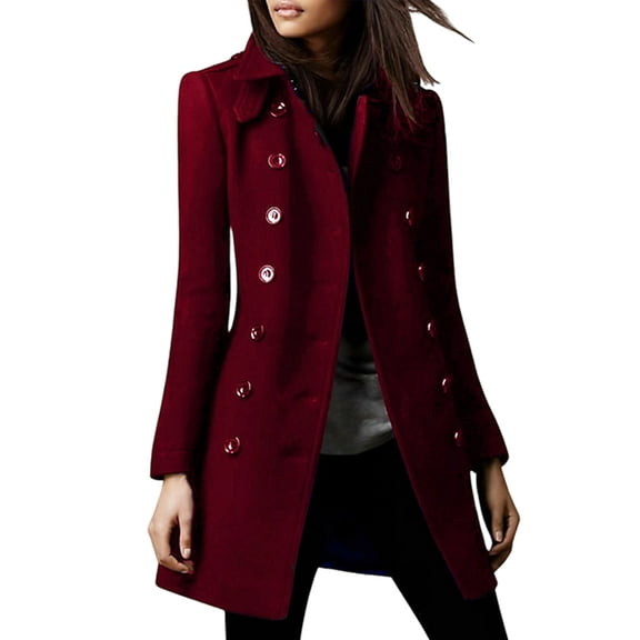 Women'S Winter Double Breasted Coat Elegant Lapel Collared Long Sleeves Blend Trench Pea Coat Wine Red L