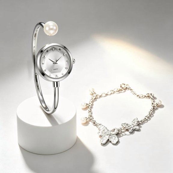 2pcs/set Women’s Silvery Bangle Watch & Butterfly Pearl Bracelet Set, Rhinestone Inlaid Quartz Wrist Watch, Elegant Ladies Fashion Jewelry Gift Set for Daily Party
