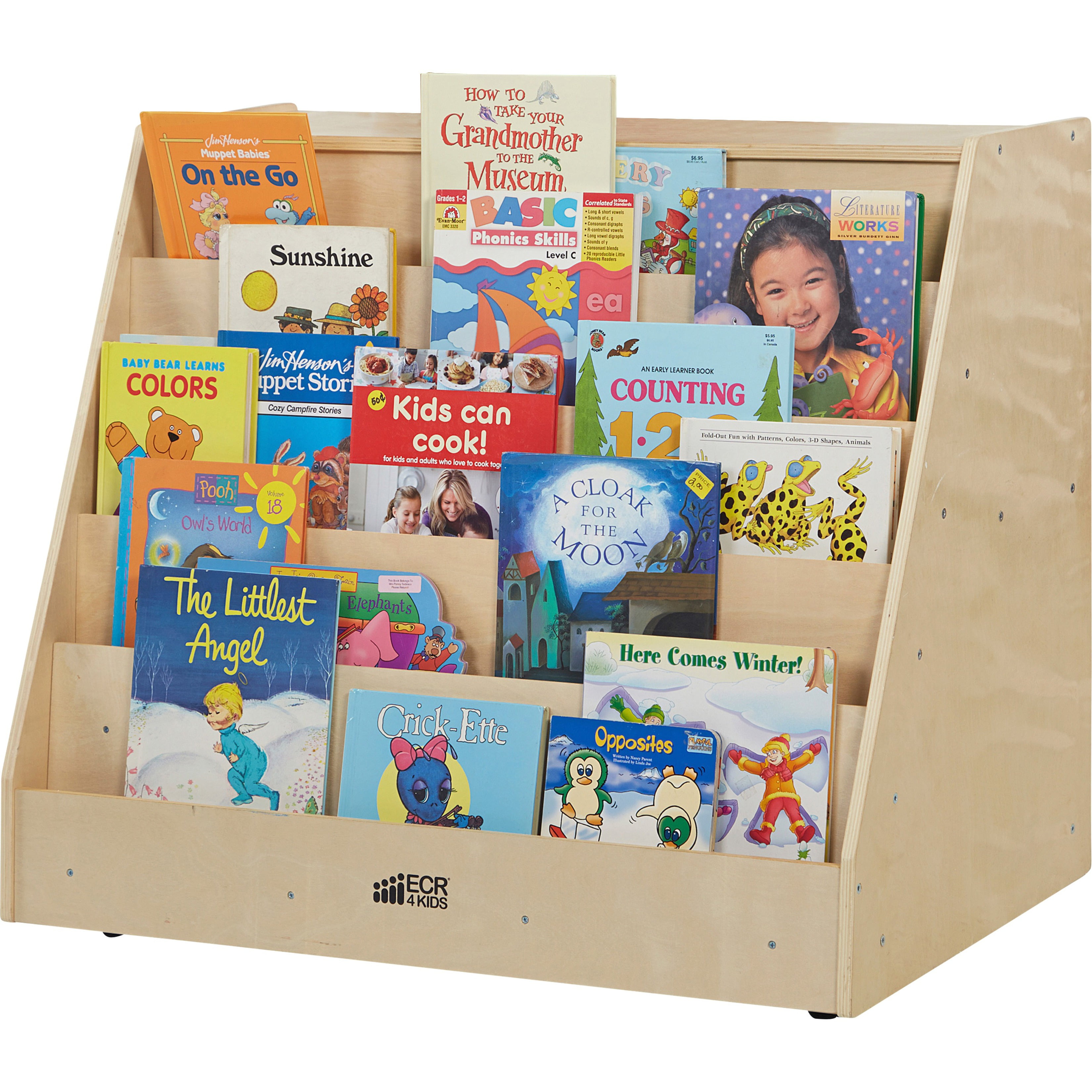 4-Shelf Wood Book Shelf for Kids ECR4Kids Birch Toddler Book Display Stand 