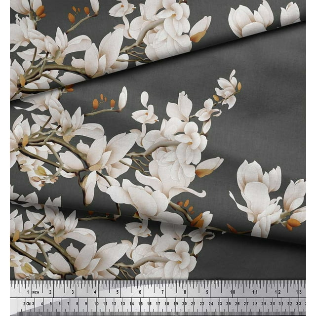 Soimoi Gray Rayon Fabric White Floral & Bulbul Bird Decor Fabric Printed BTY 58 Inch Wide