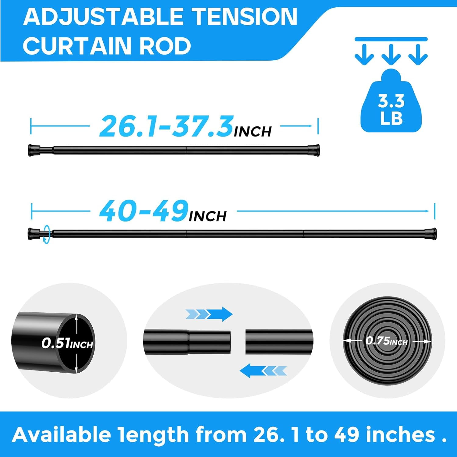 FRKSMD-2 Pack Spring Tension Rods 28-48 Inches,5/8" Diameter Black Spring Loaded Curtain Rods,Adjustable Small Short Tension Curtain Rod for Windows,Kitchen, Doorway,Bathroom,Cupboard Bars