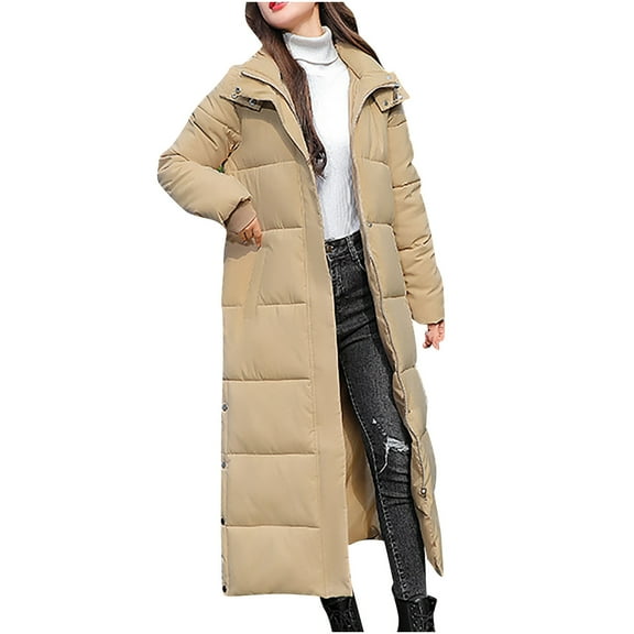 Nfurl Long Puffer Jackets for Women Ankle Length Trendy Side Split Zip Up Outerwear Coats with Hood Ladies Winter Parka Coats Khaki XXXL