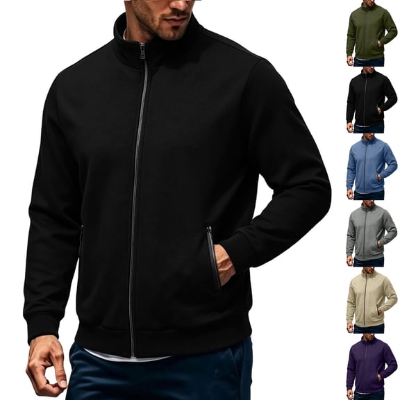 Zvmxot Men Fleece Sweatshirts Full Zip Stand Neck Sweatshirt with Zipper Pockets Casual Long Sleeve Jackets for Men
