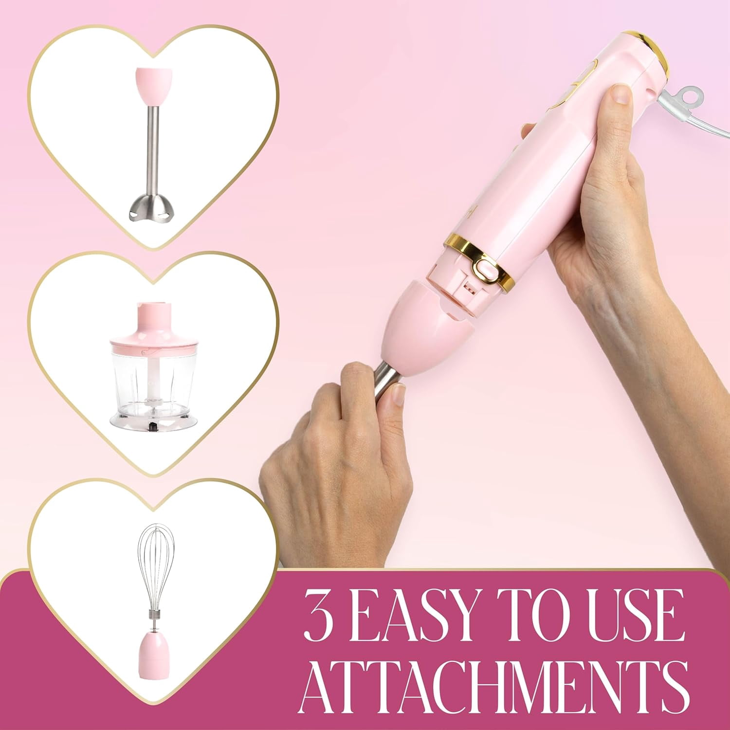 Hand Blender Set, 2-in-1 Immersion Stick Blender with Whisk & Blending Shaft, 400W High Speed, Pink with Gold Accents