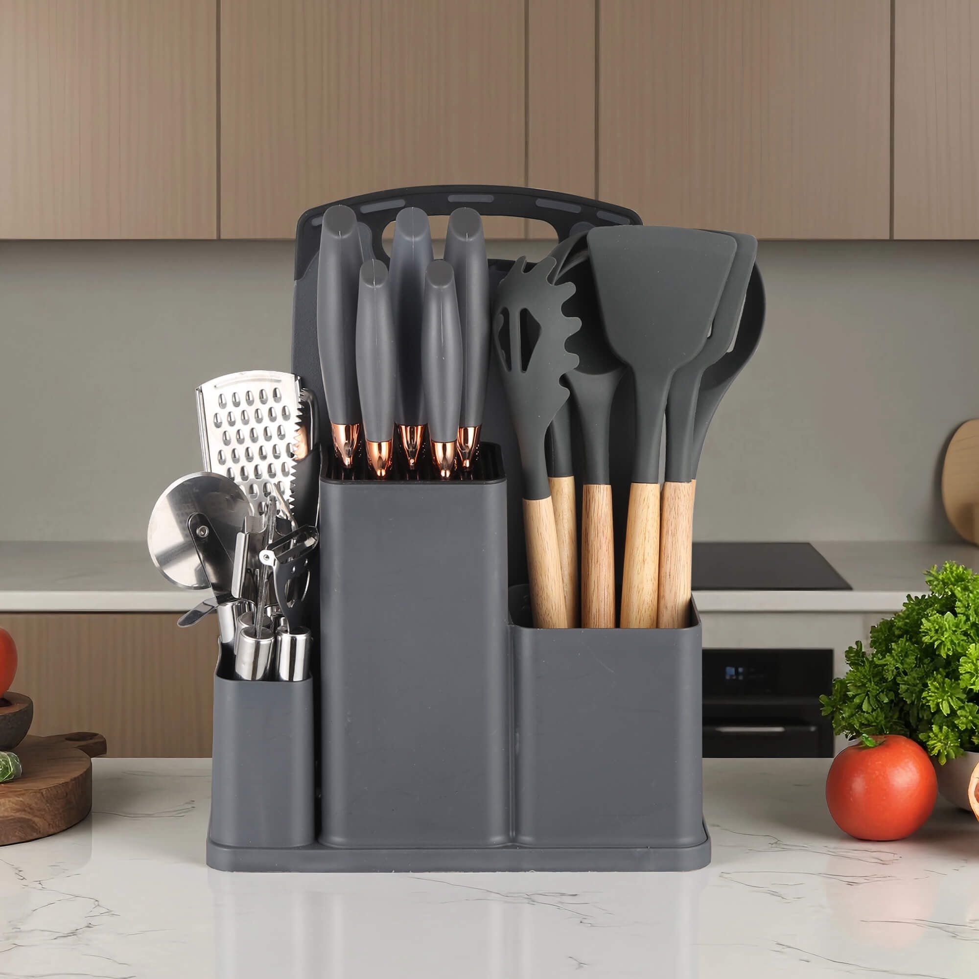 HEESEM 20 Pcs Silicone Stainless Steel Cooking Utensils Set -Multifunctional Kitchen Utensil Set - Gray