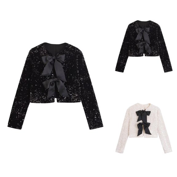 Romantic Women's Cardigan Casual Date Night Chic Open Front Cardigans Women Fashion Solid Casual Temperament Bow Tie Sequined Short Long Sleeve Top