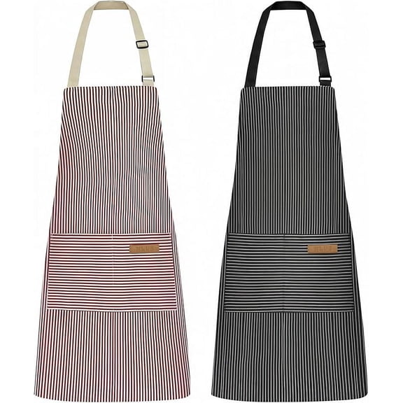 2 Pack Kitchen Cooking Aprons, Adjustable Bib Soft Chef Apron with 2 Pockets for Men Women (Black Pinstripes/Pink Pinstripes)