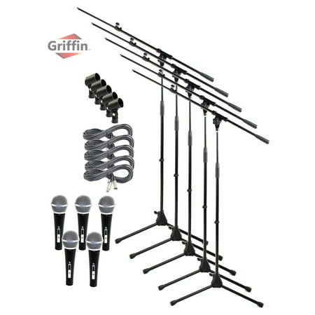 Telescoping Microphone Stand Package with Vocal Unidirectional Mics and XLR Cables (5 Pack) by Griffin Handheld Cardioid Dynamic Microphones for Studio Recording and Stage Singing 2 FT XLR Mic