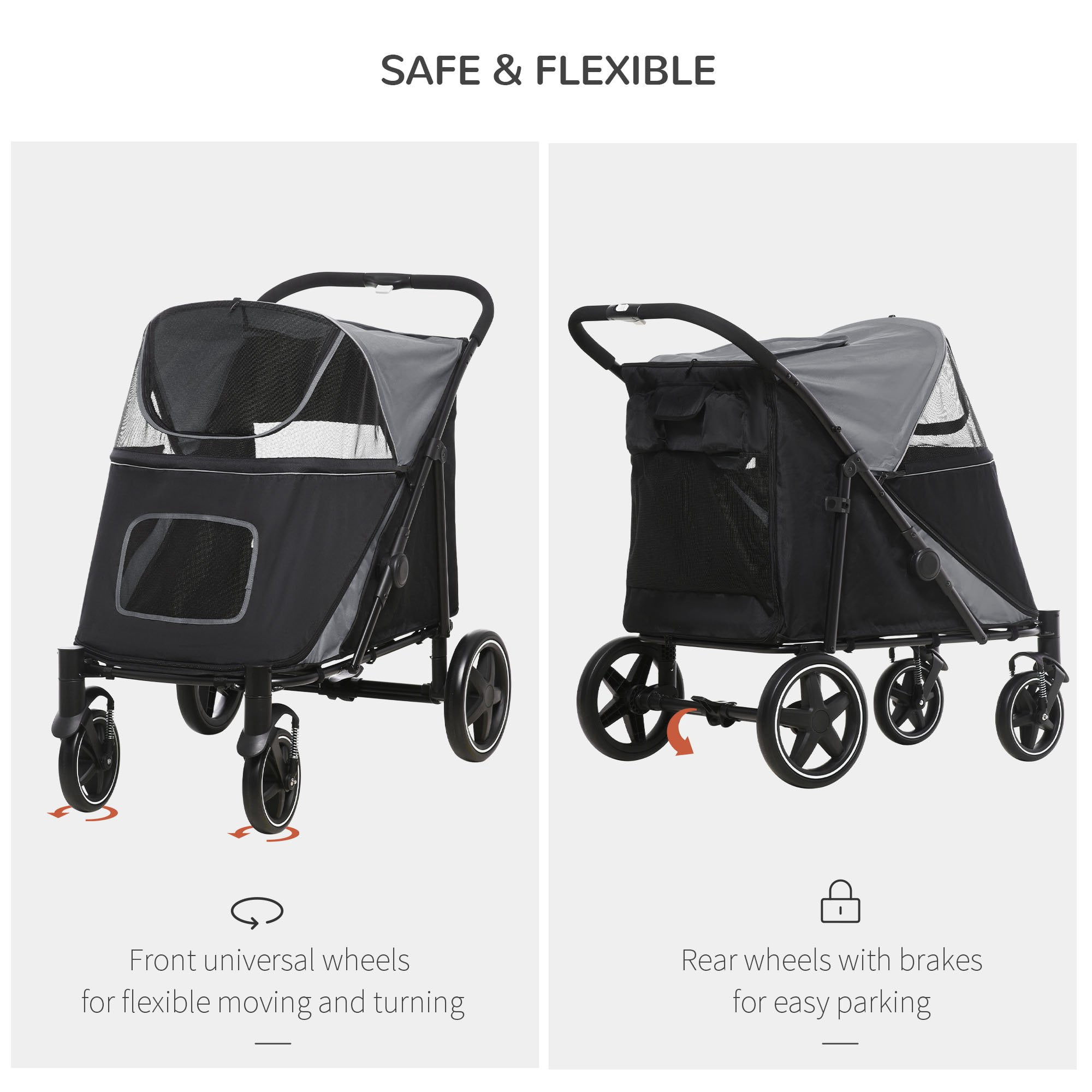One-Click Foldable Doggy Stroller for Medium Large Dogs, Pet Stroller with Storage, Smooth Ride with Shock Absorption, Mesh Window, Safety Leash, Big Dog Walking Stroller, Gray