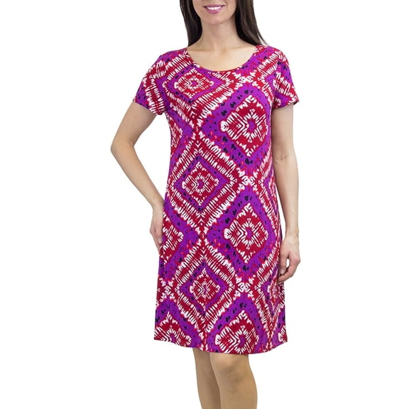 U-Knit Ladies Size Small Short Sleeve Scoop-Neck Comfy Stretch Knit Casual Dress, Bandana Batik/Pink