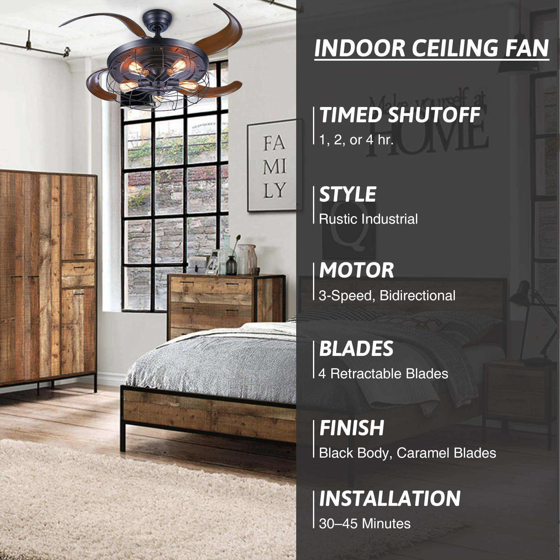 Bestco 42" Ceiling Fan and Lighting with 5 Sockets Remote Control Timer 4 Hidden Blades