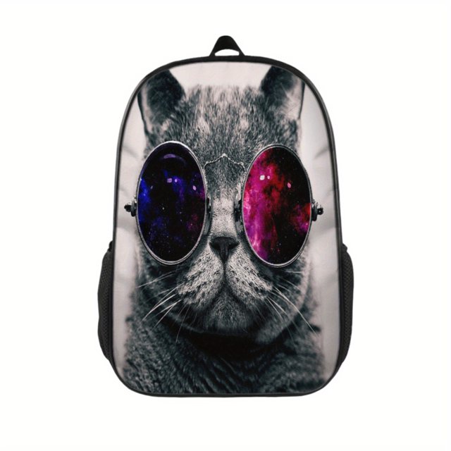1pc Personality Cat Glasses Printed Backpack, Children's Bright Color Backpack, 3D Print Backpack, Fashion Trendy Boys And Girls Backpack, Breathable Lightweight Bag, Students Schoolbag